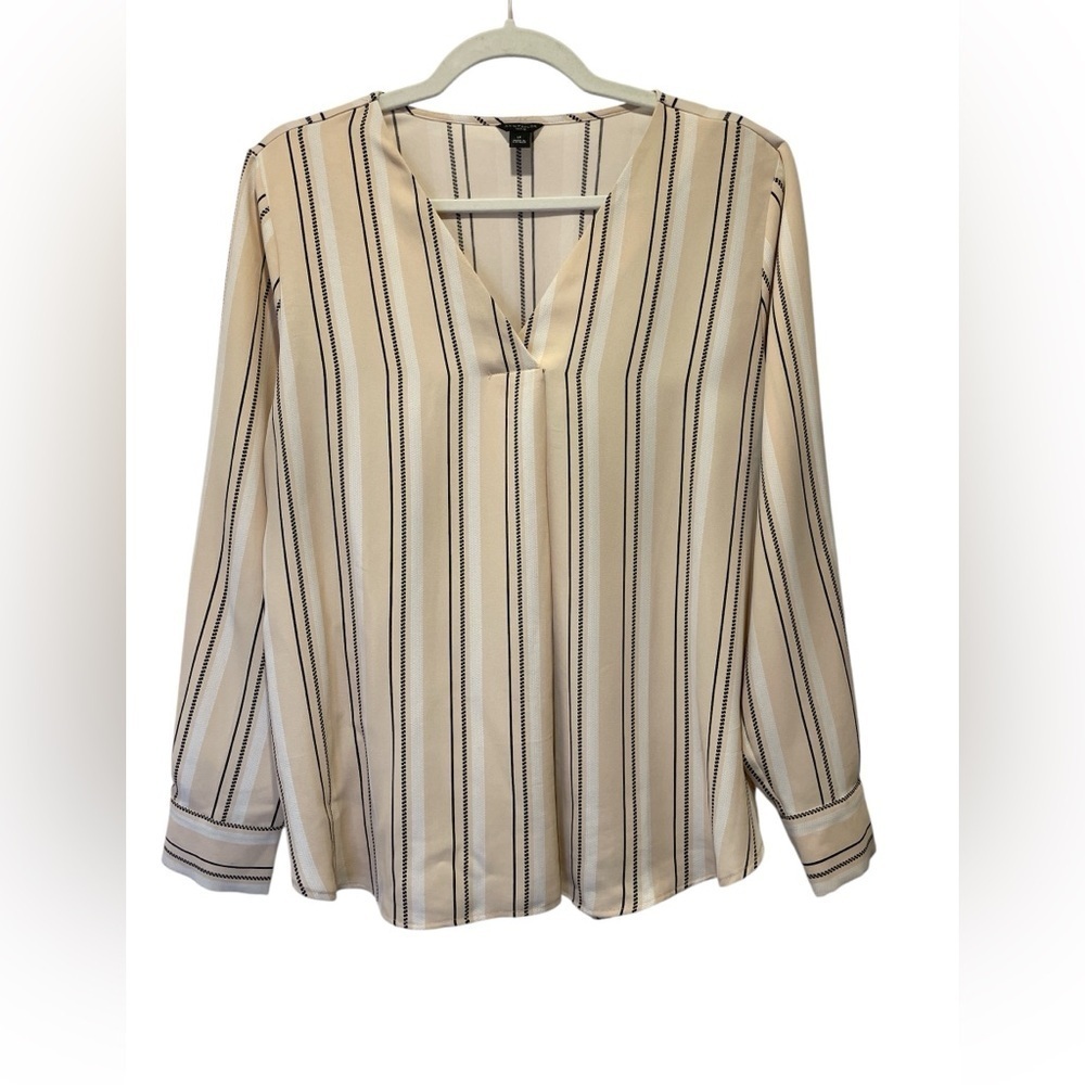 Ann Taylor Striped V-Neck Blouse - Cream and Black size LP